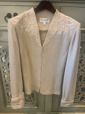 St. John Evening Beige Cream Zip-Front Knit Blazer
